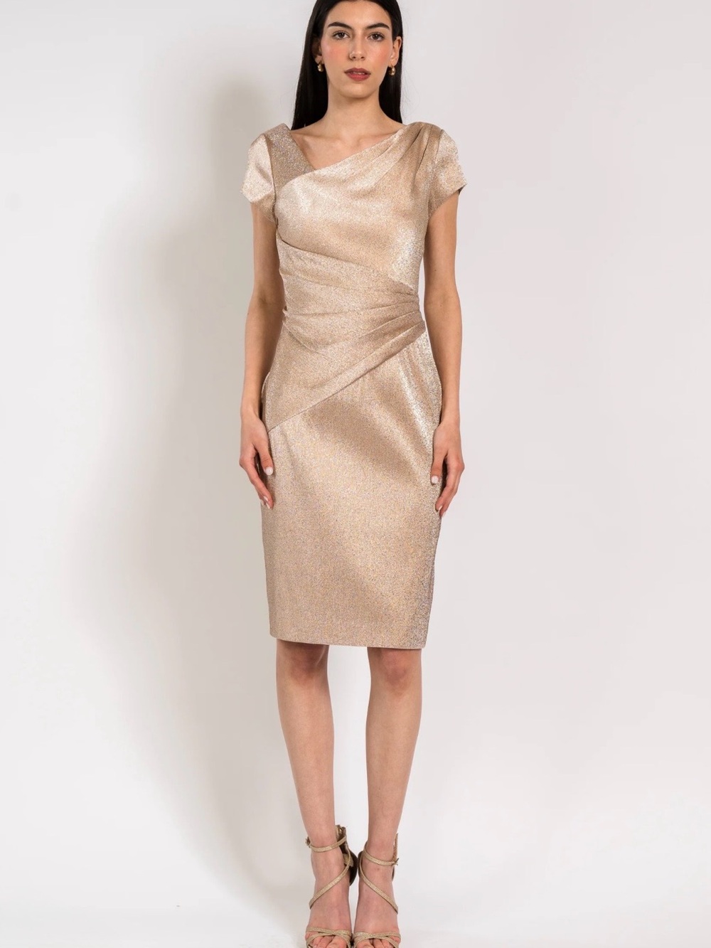 THEIA Metallic Gold Asymmetrical Ruched Sheath Cocktail Dress Size 10 EUC